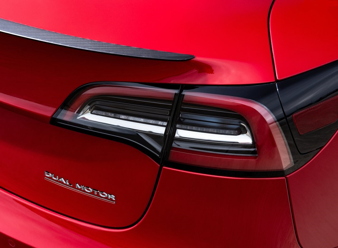 Close up of the boot of a Red Tesla Model 3